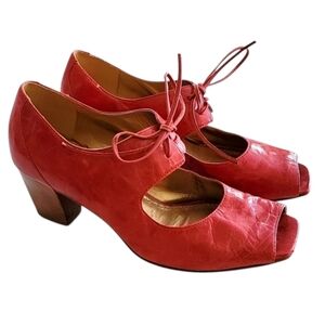 ECCO Red Peep Toe Lace up Block Heels‎ 37 US 6-6.5